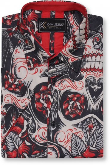 Kam Jeans 6062 Skull And Roses Print Short Sleeve Shirt Black - Chemises - Chemises Grandes Tailles Hommes