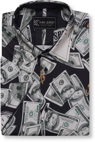 Kam Jeans 6064 Dollar Bills Print Short Sleeve Shirt Black - Chemises - Chemises Grandes Tailles Hommes