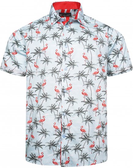 Kam Jeans 6067 Flamingo and Palm Tree Short Sleeve Shirt Blue - Chemises - Chemises Grandes Tailles Hommes
