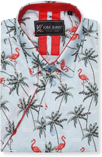 Kam Jeans 6067 Flamingo and Palm Tree Short Sleeve Shirt Blue - Chemises - Chemises Grandes Tailles Hommes