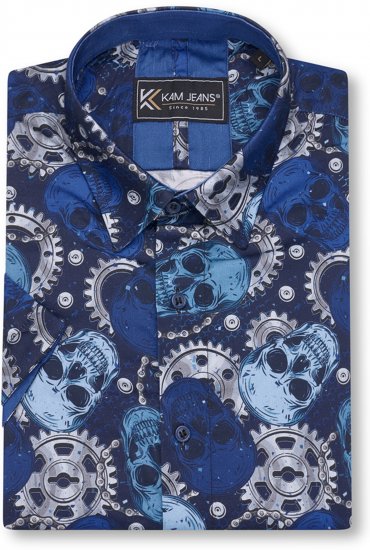Kam Jeans 6070 Retro Skull Short Sleeve Shirt Navy - Chemises - Chemises Grandes Tailles Hommes