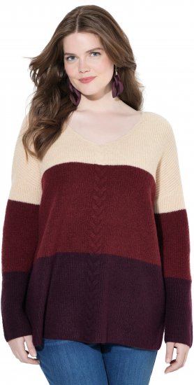 Ulla Popken Cable Knit Block Stripe V-Neck Sweater Dark Ruby - Sweatshirts & hoodies - 