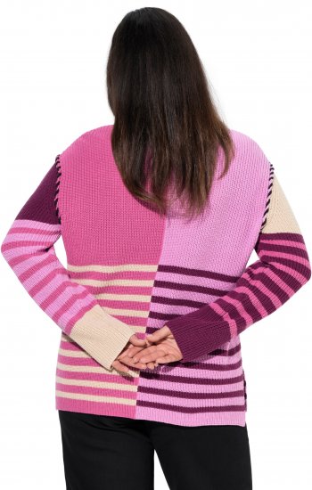 Ulla Popken Patchwork Striped Long Sleeve V-Neck Sweater Raspberry - Sweatshirts & hoodies - 