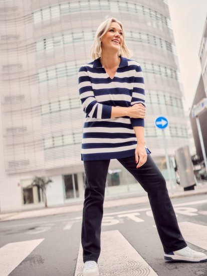 Ulla Popken Striped Polo Collar Long Sleeve Sweater Navy - Sweatshirts & hoodies - 