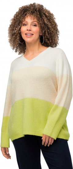 Ulla Popken Block Stripe Long Sleeve V-Neck Sweater Lime Green - Sweatshirts & hoodies - 