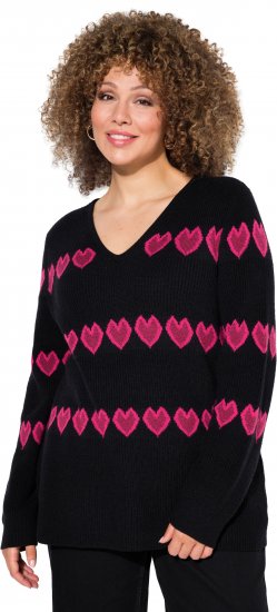 Ulla Popken Heart Print Long Sleeve V-Neck Sweater Black - Sweatshirts & hoodies - 