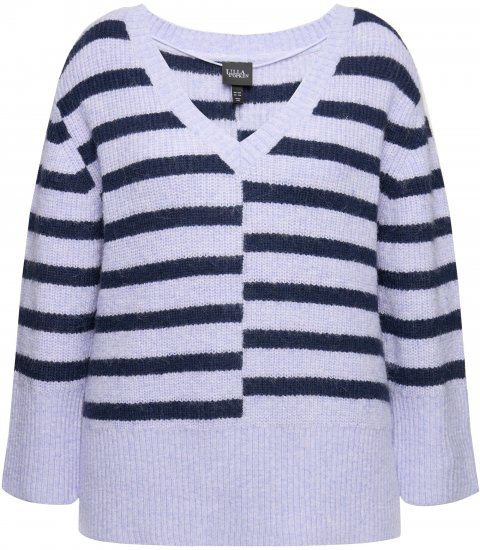 Ulla Popken Split Stripe Long Sleeve V-Neck Sweater Blue Grey - Sweatshirts & hoodies - 