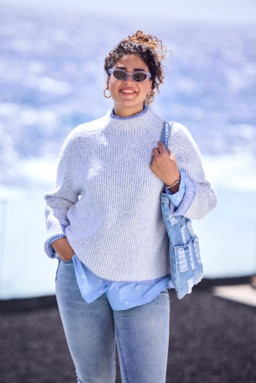 Ulla Popken Striped Wool Blend Turtleneck Sweater Sky Blue - Sweatshirts & hoodies - 