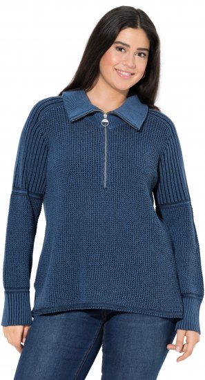 Ulla Popken Two-Tone Mixed Knit Troyer Collar Sweater Navy - Sweatshirts & hoodies - 