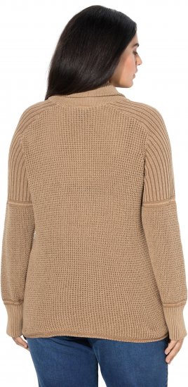 Ulla Popken Two-Tone Mixed Knit Troyer Collar Sweater Caramel - Sweatshirts & hoodies - 