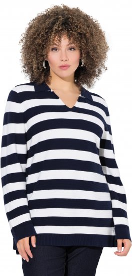 Ulla Popken Striped Polo Collar Long Sleeve Sweater Navy - Sweatshirts & hoodies - 
