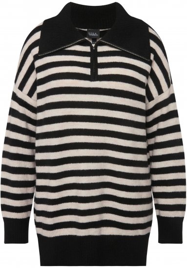 Ulla Popken Striped Troyer Collar Sweater Black - Sweatshirts & hoodies - 