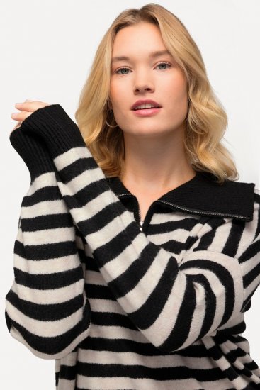 Ulla Popken Striped Troyer Collar Sweater Black - Sweatshirts & hoodies - Sweats, Hoodies & Maille Douillets