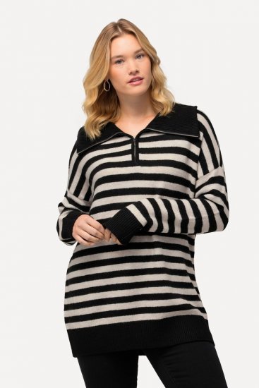 Ulla Popken Striped Troyer Collar Sweater Black - Sweatshirts & hoodies - Sweats, Hoodies & Maille Douillets