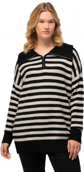 Ulla Popken Striped Troyer Collar Sweater Black - Sweatshirts & hoodies - 