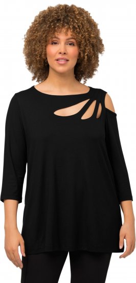 Ulla Popken Asymmetric Petal Cutouts A-line Fit Stretch Knit Top Black - T-shirts - 