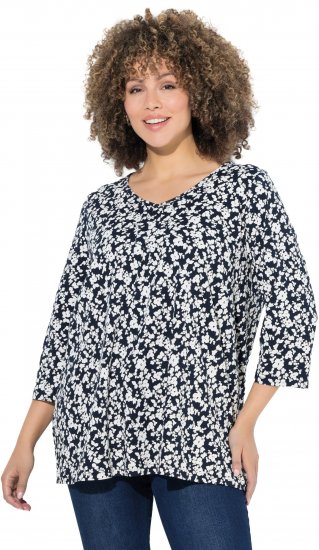 Ulla Popken Floral 3/4 Sleeve V-Neck A-Line Tee Navy - T-shirts - 