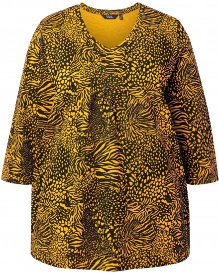 Ulla Popken Animal Print 3/4 Sleeve V-Neck Tee Neon Orange - T-shirts - 