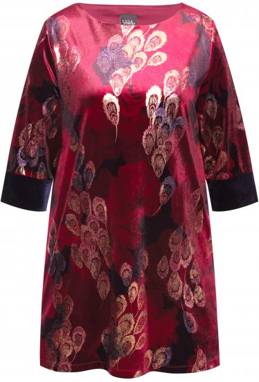 Ulla Popken Velvet Peacock Feather 3/4 Sleeve Tunic Blouse Wine Red - T-shirts - 