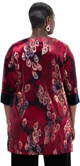 Ulla Popken Velvet Peacock Feather 3/4 Sleeve Tunic Blouse Wine Red - T-shirts - 