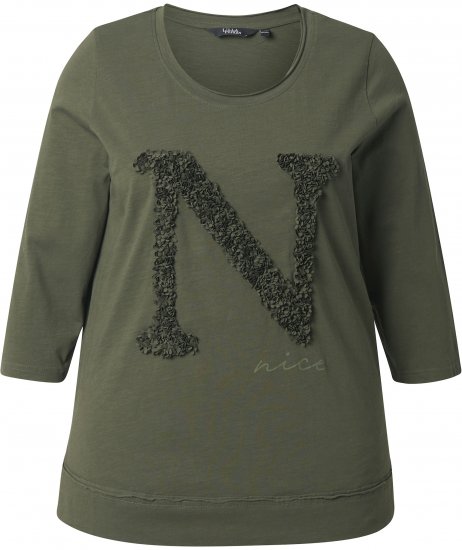 Ulla Popken Textured Lettering 3/4 Sleeve Tee Olive - T-shirts imprimés pour femme - 