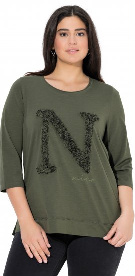 Ulla Popken Textured Lettering 3/4 Sleeve Tee Olive - T-shirts imprimés pour femme - 