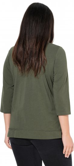 Ulla Popken Textured Lettering 3/4 Sleeve Tee Olive - T-shirts imprimés pour femme - 