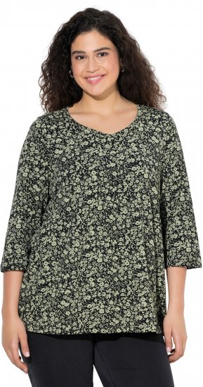 Ulla Popken Pleated Floral Print 3/4 Sleeve Tee Pond Green - T-shirts imprimés pour femme - 