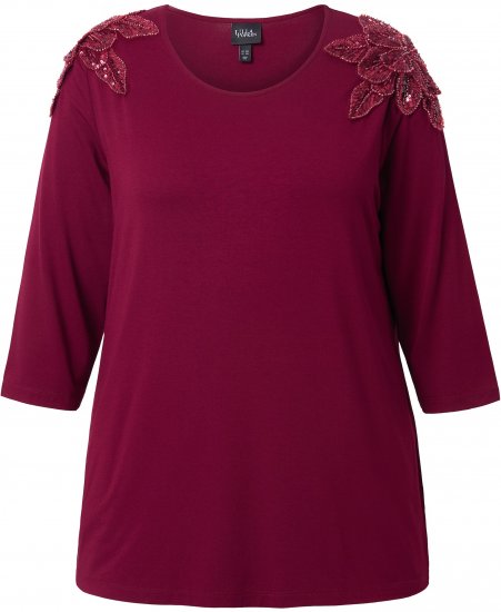 Ulla Popken Flower Epaulet 3/4 Sleeve Top Dark Cherry Red - T-shirts imprimés pour femme - 