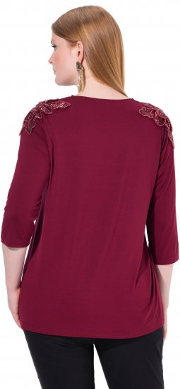 Ulla Popken Flower Epaulet 3/4 Sleeve Top Dark Cherry Red - T-shirts imprimés pour femme - 