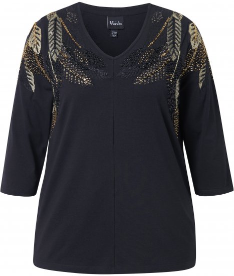 Ulla Popken Feather Beadwork 3/4 Sleeve Top Black - T-shirts imprimés pour femme - 