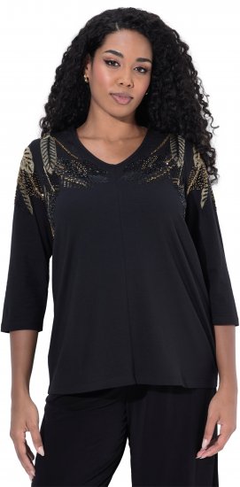 Ulla Popken Feather Beadwork 3/4 Sleeve Top Black - T-shirts imprimés pour femme - 