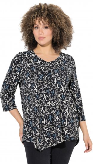 Ulla Popken Ribbon Print 3/4 Sleeve Asymmetric Tee Black - T-shirts imprimés pour femme - 