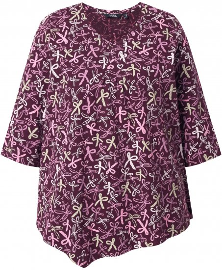 Ulla Popken Ribbon Print 3/4 Sleeve Asymmetric Tee Plum - T-shirts imprimés pour femme - 