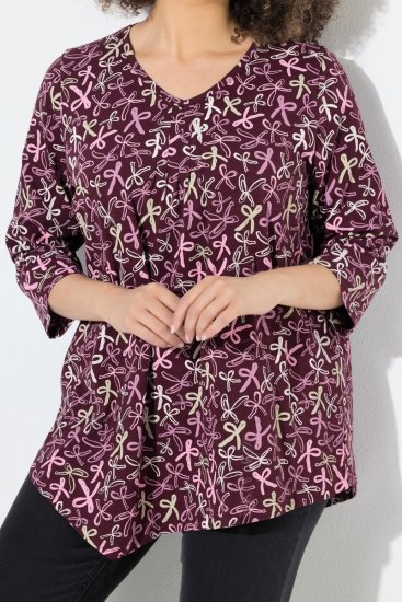 Ulla Popken Ribbon Print 3/4 Sleeve Asymmetric Tee Plum - T-shirts imprimés pour femme - T-shirts imprimés pour femme