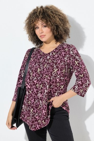 Ulla Popken Ribbon Print 3/4 Sleeve Asymmetric Tee Plum - T-shirts imprimés pour femme - T-shirts imprimés pour femme