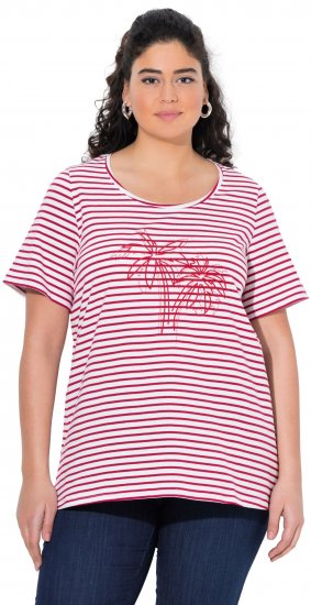 Ulla Popken Palm Tree Embroidered Tee Dark Raspberry - T-shirts imprimés pour femme - 