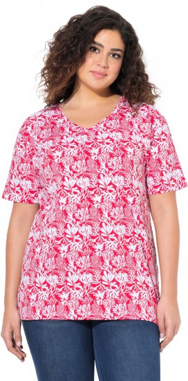 Ulla Popken Coral Reef Printed Short Sleeve V-Neck Tee Lychee - T-shirts imprimés pour femme - 