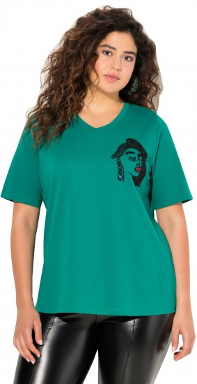 Ulla Popken Embroidered Face Motif Short Sleeve V-Neck Tee Emerald Green - T-shirts imprimés pour femme - 