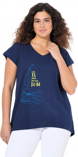 Ulla Popken Half-Sleeve A-line V-Neck Boat Pattern T-Shirt Ink Blue - T-shirts imprimés pour femme - 