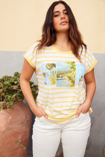 Ulla Popken Striped Short Sleeve Citrus Graphic Tee Sun Yellow - T-shirts imprimés pour femme - 