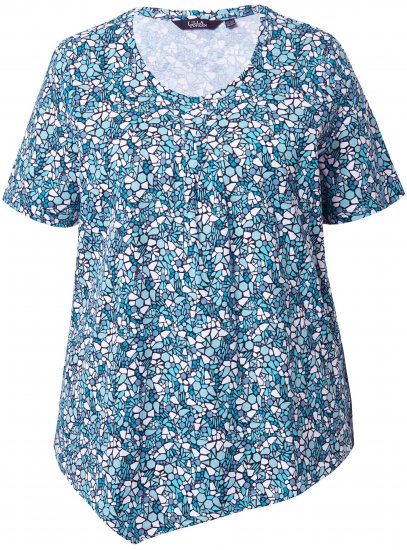 Ulla Popken Floral Pointed Hem Short Sleeve Tee Deep Aqua - T-shirts imprimés pour femme - 