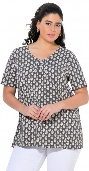 Ulla Popken Cactus Print Short Sleeve V-Neck Tee Graphite Grey - T-shirts imprimés pour femme - 