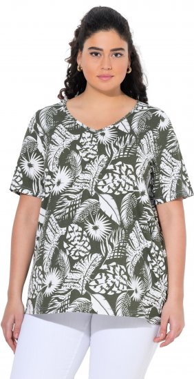 Ulla Popken Feather Print Short Sleeve V-Neck Tee Olive Grey - T-shirts imprimés pour femme - 