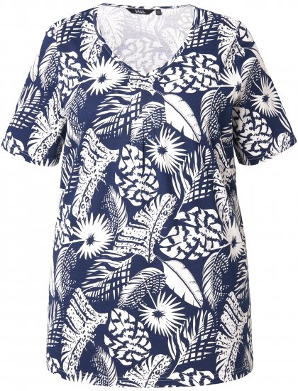 Ulla Popken Feather Print Short Sleeve V-Neck Tee Ink Blue - T-shirts imprimés pour femme - 