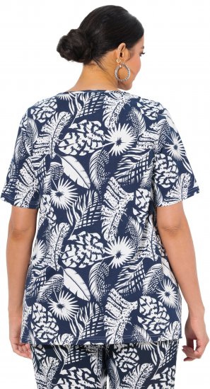 Ulla Popken Feather Print Short Sleeve V-Neck Tee Ink Blue - T-shirts imprimés pour femme - 