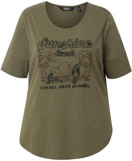 Ulla Popken Beaded Short Sleeve Graphic Tee Olive - T-shirts imprimés pour femme - 