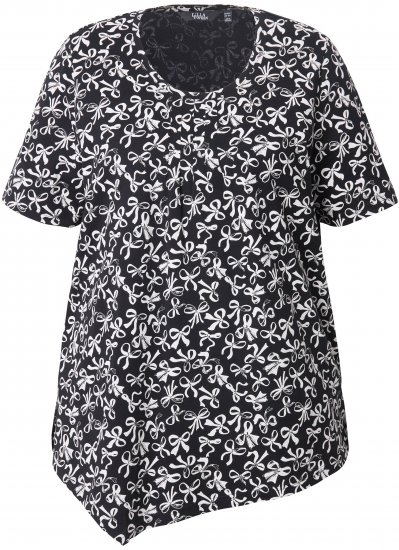 Ulla Popken Bow Print Short Sleeve Pointed Hem Tee Black - T-shirts imprimés pour femme - 