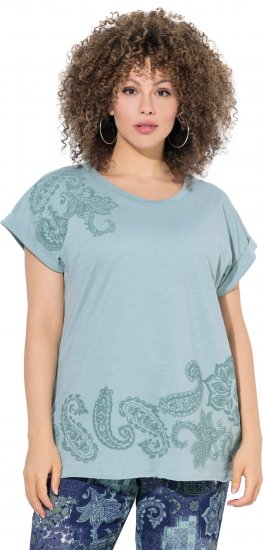 Ulla Popken Textured Paisley Motif Cap Sleeve Tee Light Moss Green - T-shirts imprimés pour femme - 