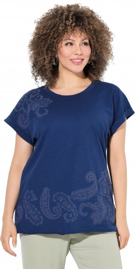 Ulla Popken Textured Paisley Motif Cap Sleeve Tee Navy - T-shirts imprimés pour femme - 